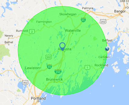 Map showing 40 mile radius of Kennebec Valley Inddor Golf, Augusta, Maine.